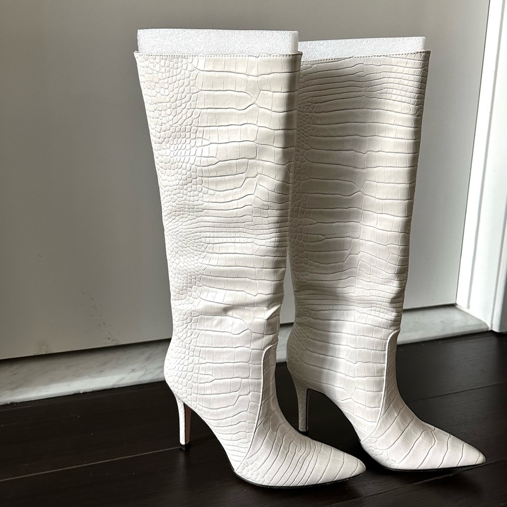 Knee high croc-effect leather boots in White